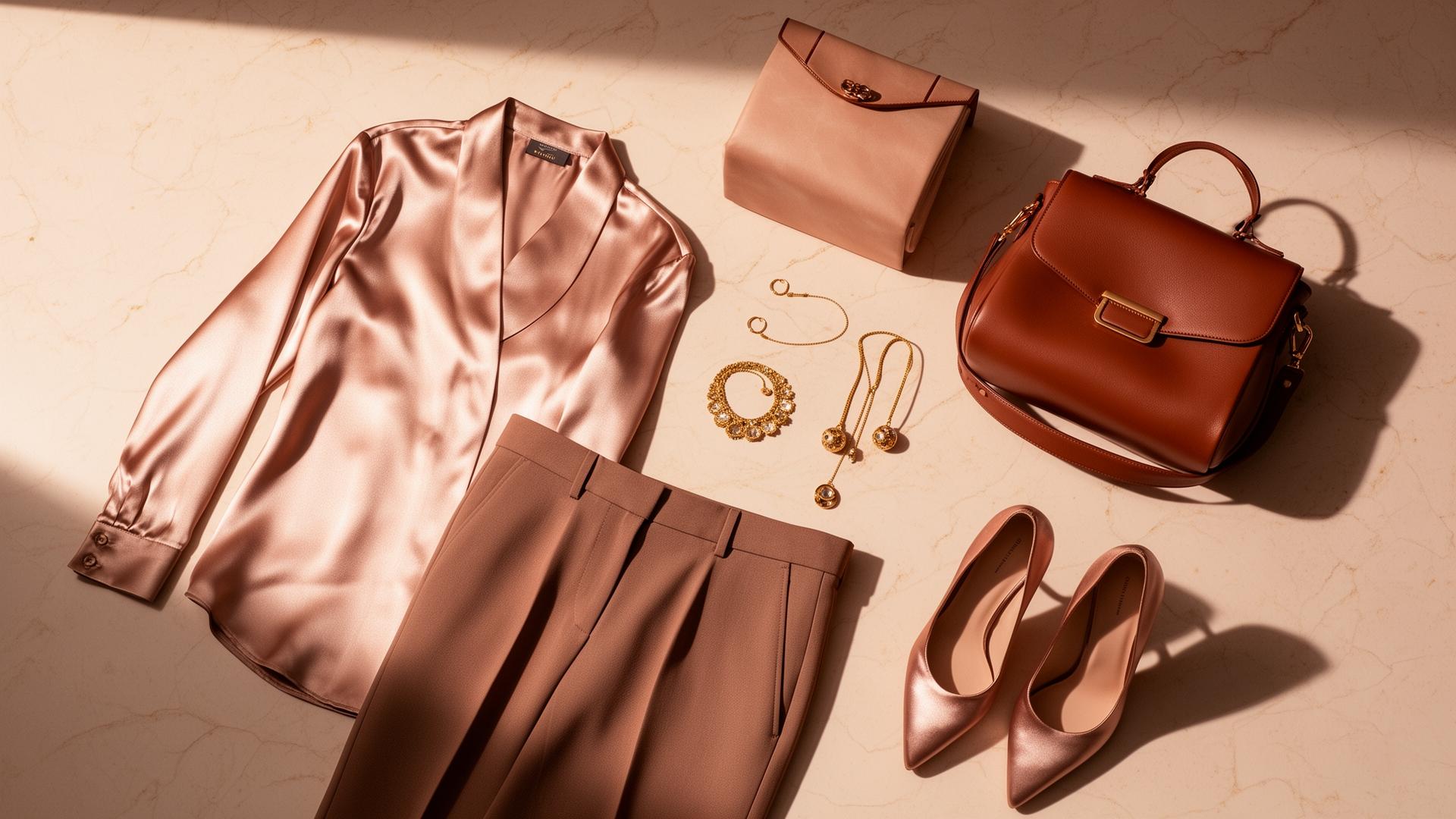 Curated wardrobe flat lay with elegant clothing and accessories